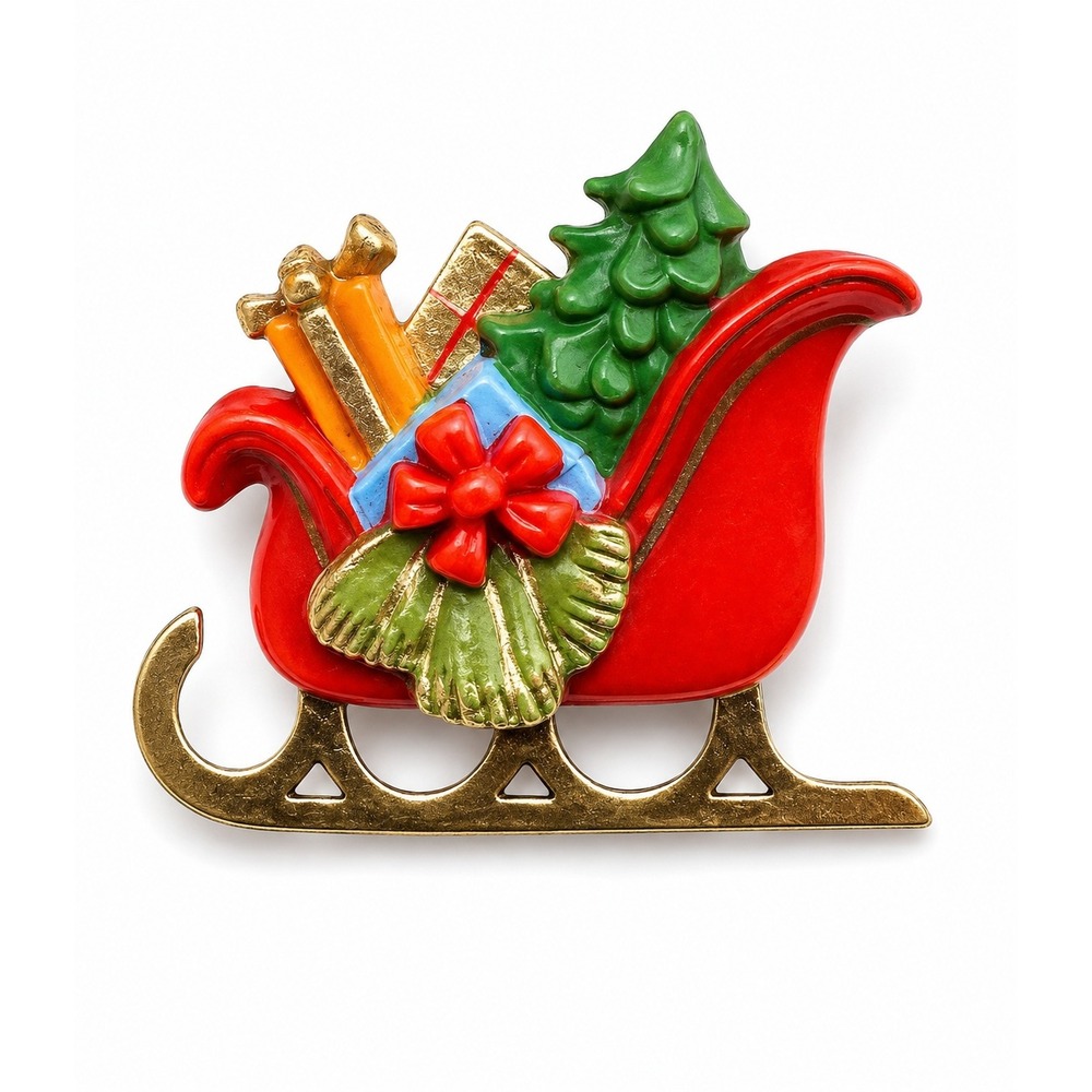Vintage 1980s Hallmark Christmas Sleigh Brooch Red Acrylic Holiday Pin